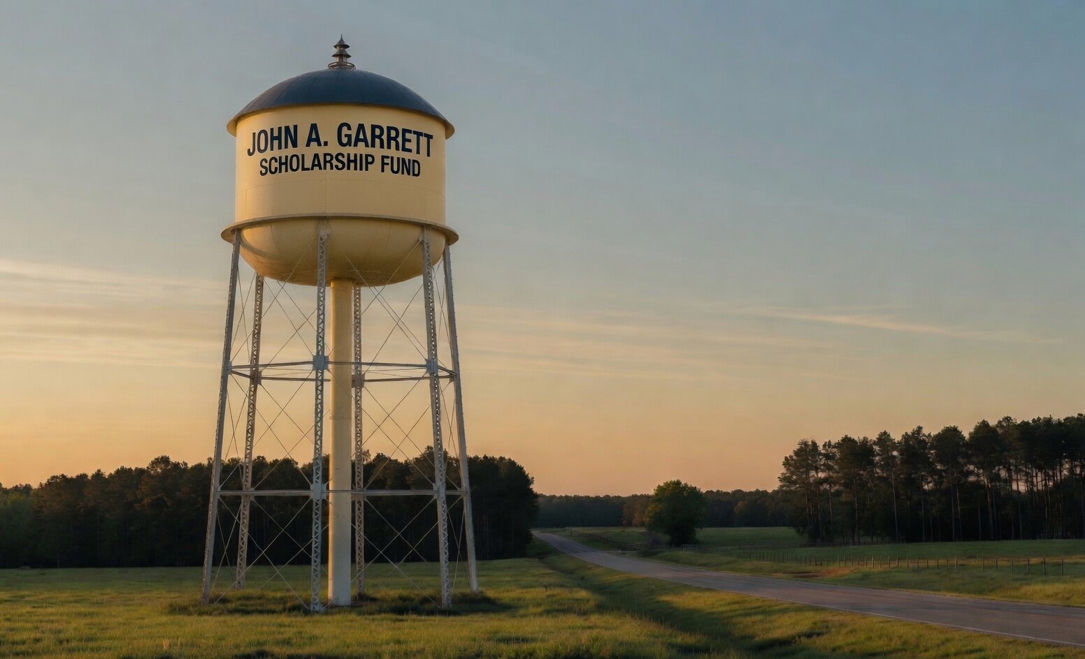 A water tower above an Alabama pasture at golden hour, with John A. Garrett Scholarship Fund painted on the tank